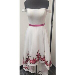 White hi-lo dress with deep pink embroidery